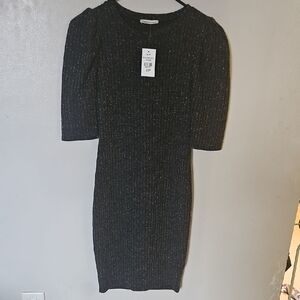 Black Sheath Dress with Puff Sleeves and Crew Neck for Cocktail